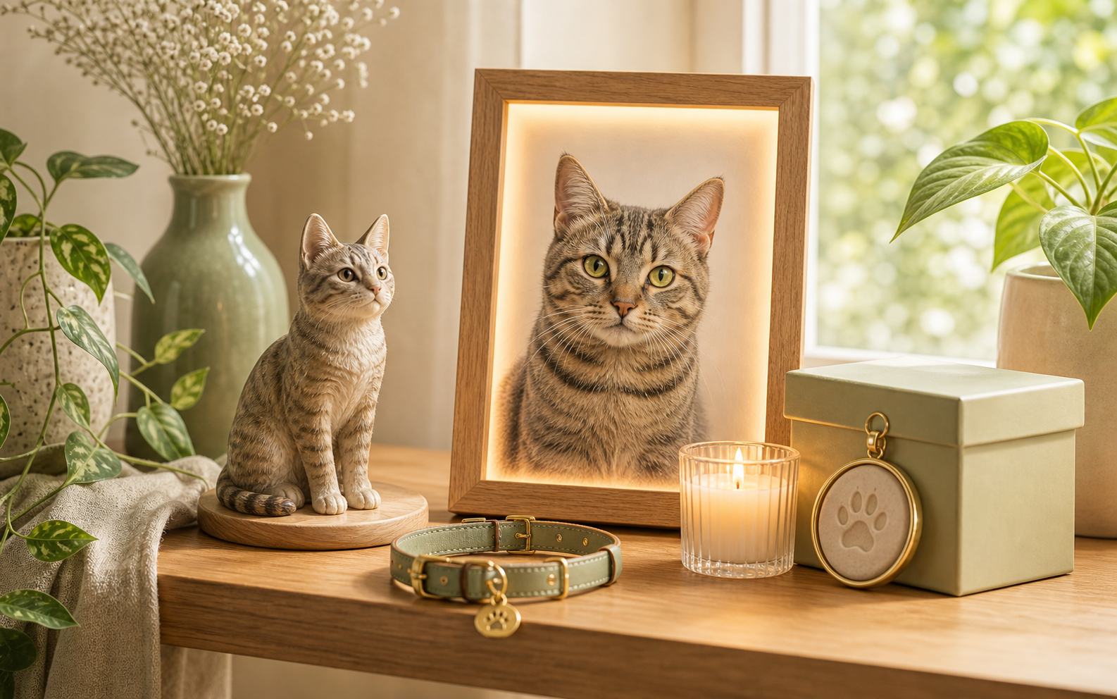 personalized cat memorial gifts on a memory shelf