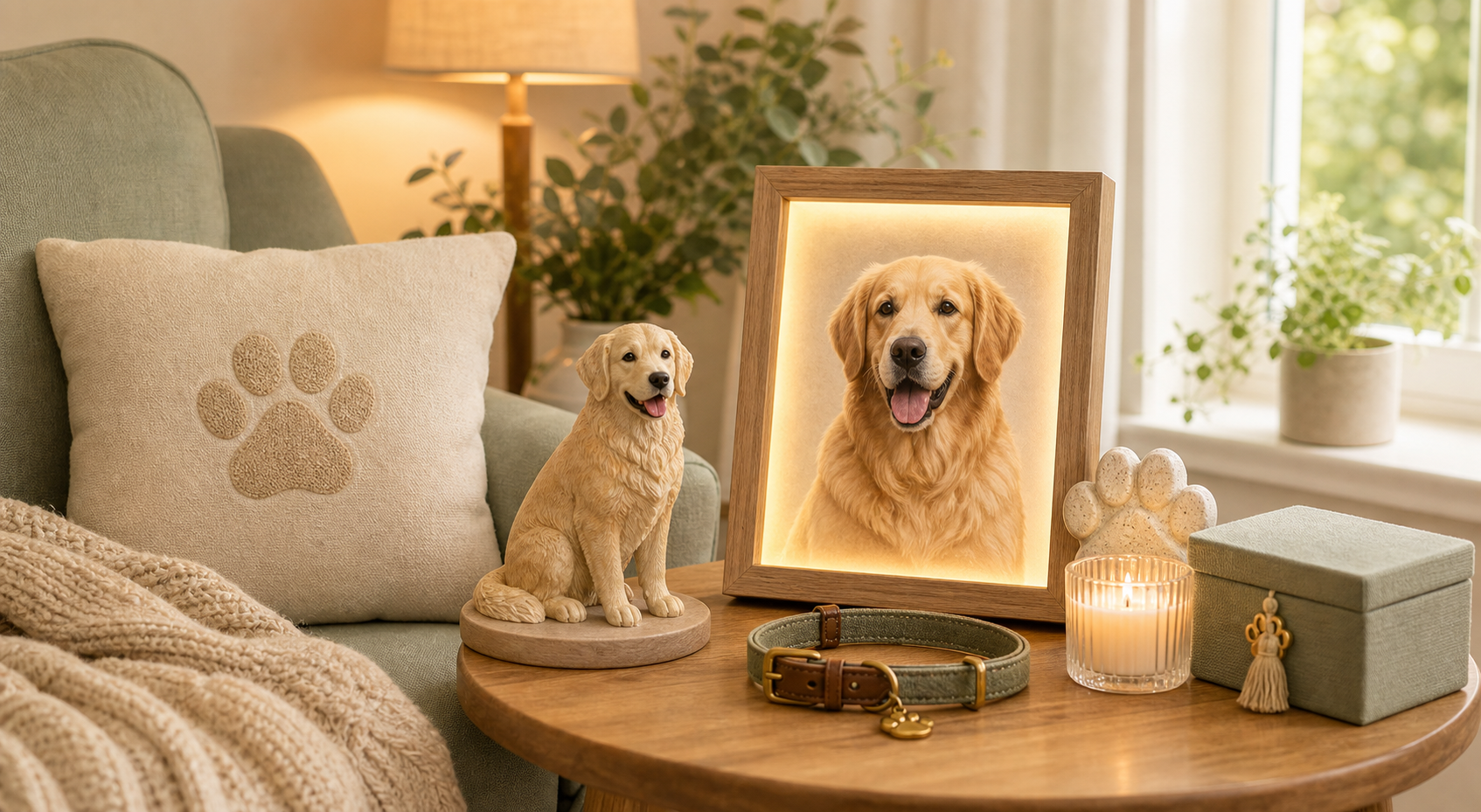 home pet memorial corner with personalized frame and keepsakes