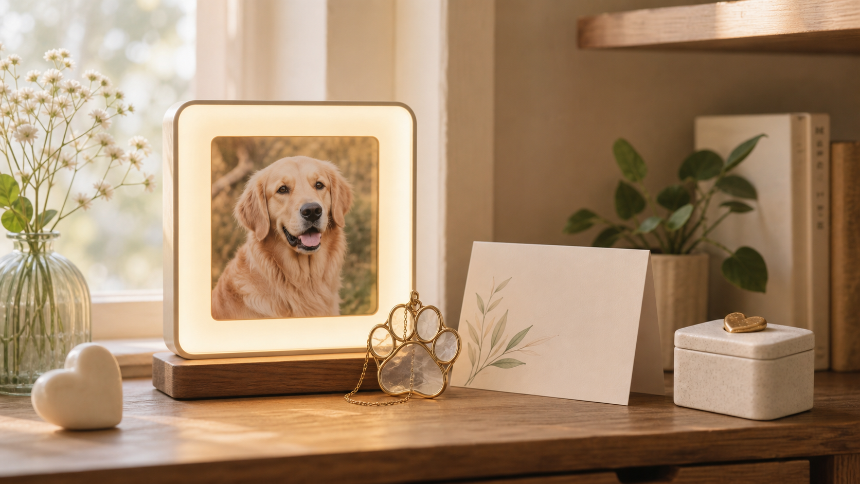 pet memorial shelf ideas with personalized light frame suncatcher quote card and keepsake box