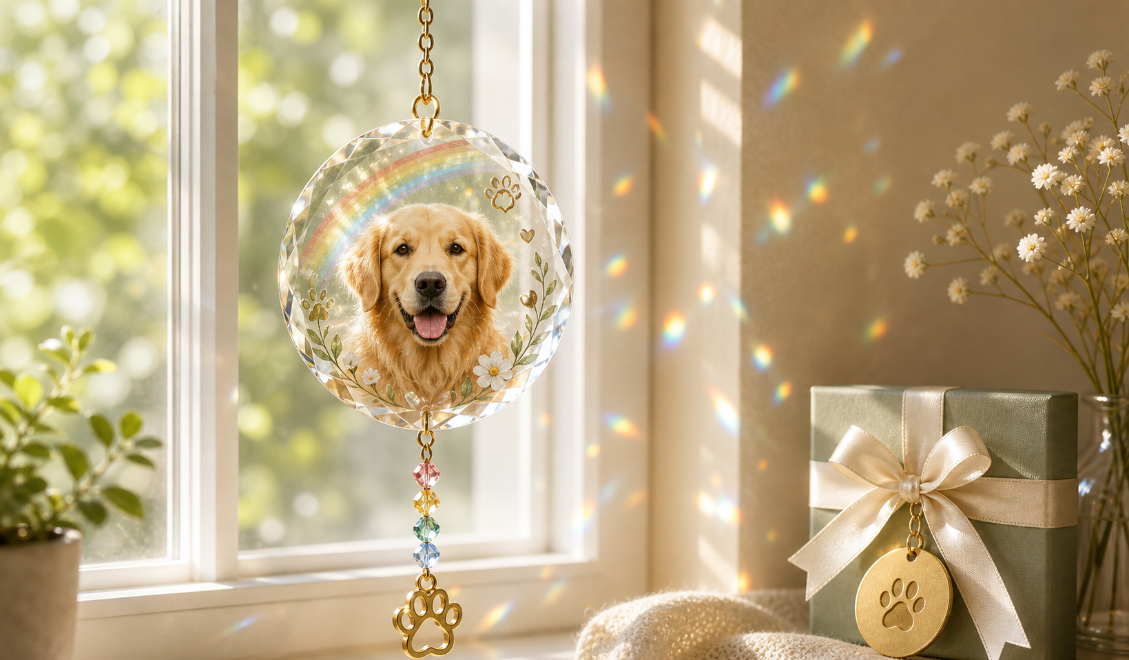 Rainbow Bridge pet memorial suncatcher with photo charm